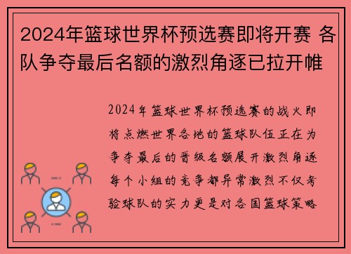 2024年篮球世界杯预选赛即将开赛 各队争夺最后名额的激烈角逐已拉开帷幕