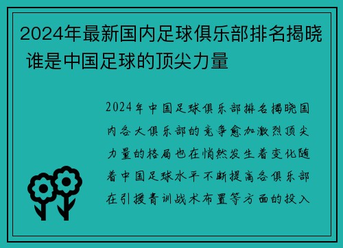 2024年最新国内足球俱乐部排名揭晓 谁是中国足球的顶尖力量